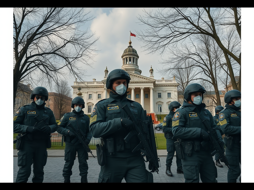 На фоне здания группы служителей правопорядка в масках держат оружие и готовы к действиям.